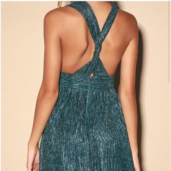 New Lulu’s Ailey Gold Teal Blue Skater Dress Small Party Cocktail - Picture 2 of 16